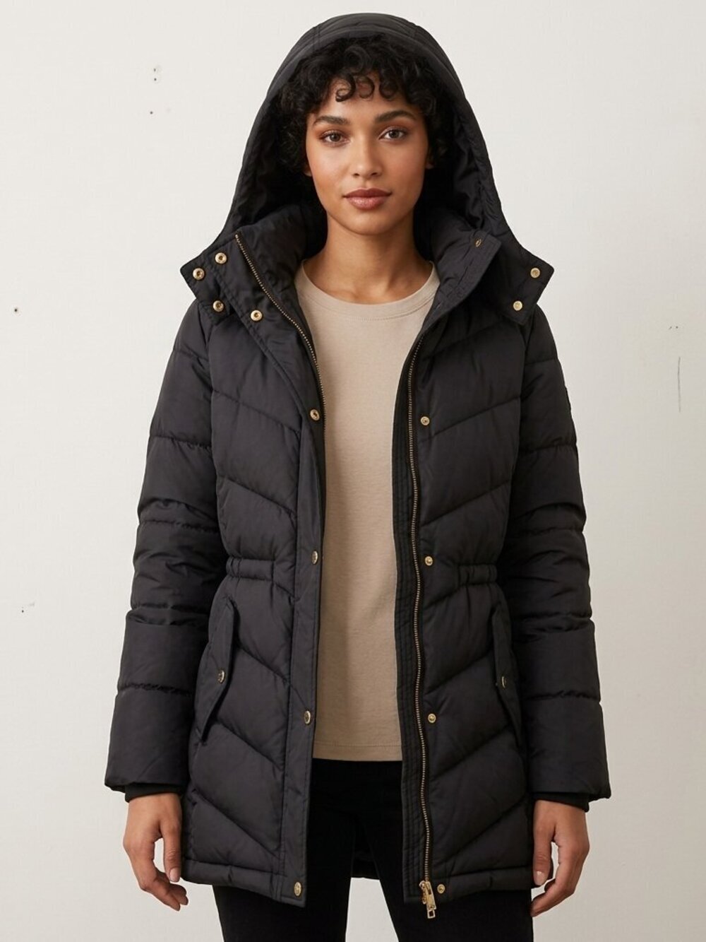 Cole Haan Signature Down Women Black SZ Small Pocket Hooded Belted Puffer Coat